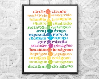 Instant Download - Printable - 11"x14" Art Print - Spanish and English Shapes - Nursery Decor - Bilingual Baby - Colorful - Educational