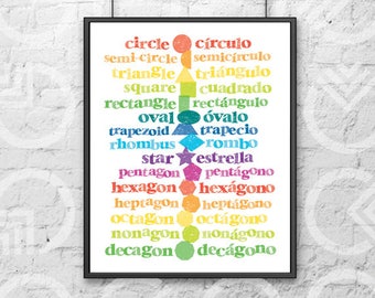 Instant Download - Printable - 8"x10" Art Print - Spanish and English Shapes - Nursery Decor - Bilingual Baby - Colorful - Educational