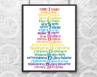 Instant Download - Printable - 11"x14" Art Print - Spanish & English Numbers 1-20 - Nursery Decor - Bilingual Baby - Colorful - Educational