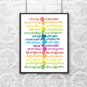 Descarga instantánea - Imprimible - Impresión de arte de 11&quot;x14&quot; - Formas en español e inglés - Decoración de guardería - Bebé bilingüe - Colorido - Educativo