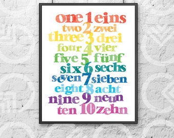 Instant Download - Printable - 8"x10" Art Print - German and English Numbers - Nursery Decor - Bilingual Baby - Colorful - Educational