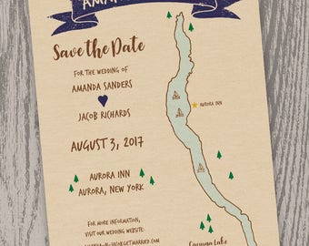 Printable Digital File - Cayuga Lake, NY Map Save the Date Card - Customizable - Wedding, Shower, Hand-drawn, Finger Lakes, Aurora, Ithaca