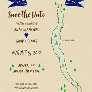 Printable Digital File Cayuga Lake, NY Map Save the Date Card Customizable Wedding, Shower, Hand-drawn, Finger Lakes, Aurora, Ithaca image 2