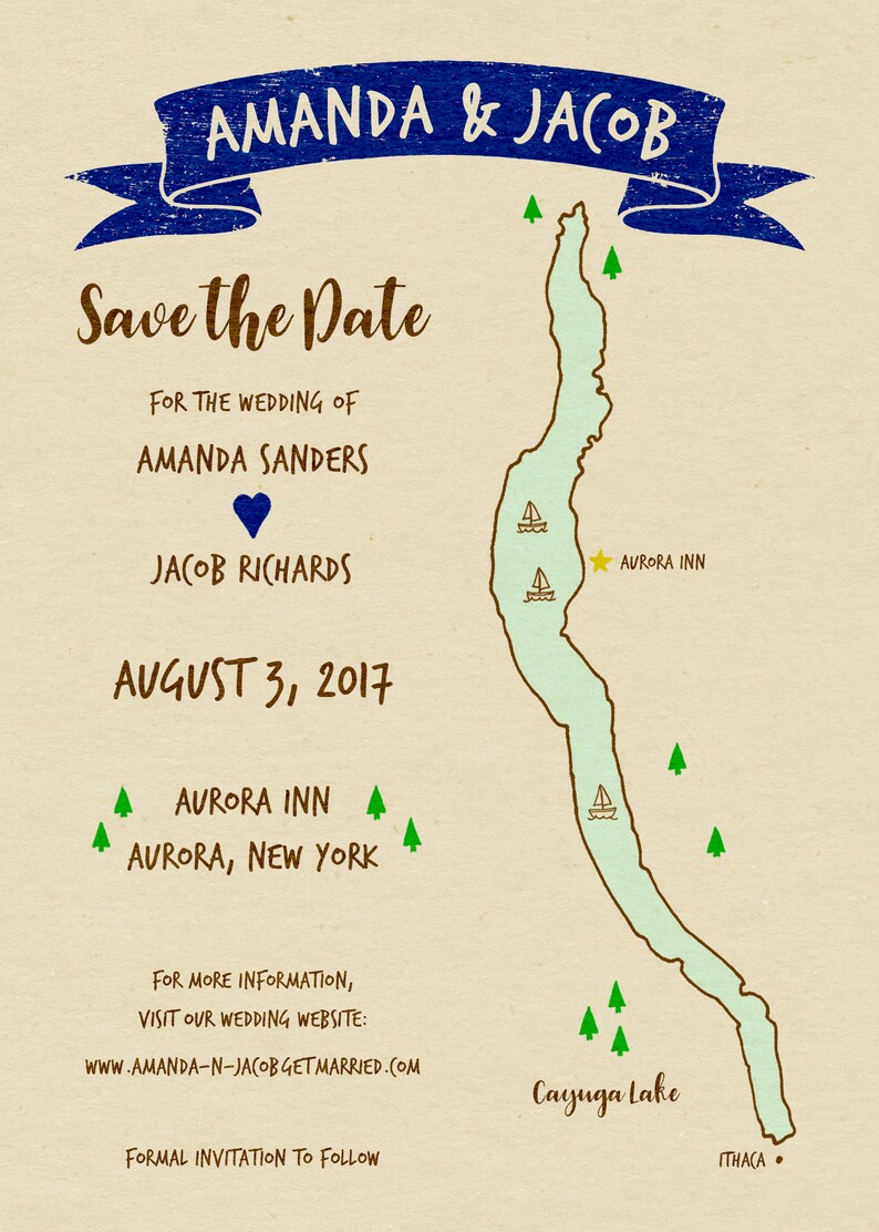 Printable Digital File Cayuga Lake, NY Map Save the Date Card Customizable Wedding, Shower, Hand-drawn, Finger Lakes, Aurora, Ithaca image 2