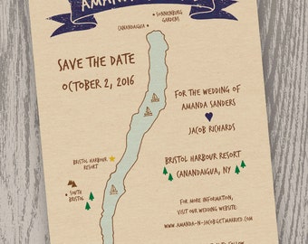 Printable Digital File - Canandaigua Lake Map Save the Date Card - Customizable - Wedding, Shower, Finger Lakes, New York, Hand-drawn