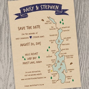 Druckbare digitale Datei - Priest Lake, Idaho Karte Save the Date Karte - anpassbar - Hochzeit, Dusche, von Hand gezeichnet, Luby Bay, Indian Creek