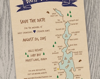 Printable Digital File - Priest Lake, Idaho Map Save the Date Card - Customizable - Wedding, Shower, Hand-drawn, Luby Bay, Indian Creek