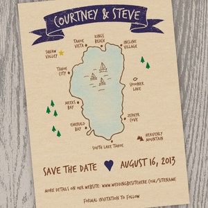 Fichier numérique imprimable - Lake Tahoe Map Save the Date Card - Personnalisable - Mariage, Douche, Squaw Valley, Dessiné à la main, Californie