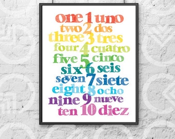 Instant Download - Printable - 8"x10" Art Print - Spanish and English Numbers - Nursery Decor - Bilingual Baby - Colorful - Educational