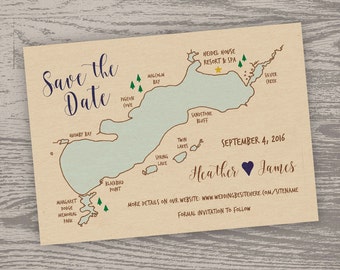 Printable Digital File - Green Lake Map Save the Date Card - Customizable - Wedding, Shower, Wisconsin, Hand-drawn