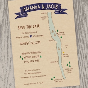Printable Digital File - Seneca Lake, NY Map Save the Date Card - Customizable - Wedding, Shower, Hand-drawn, Finger Lakes, Lodi, Wagner