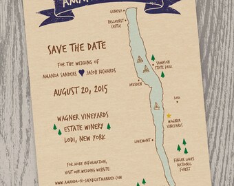 Printable Digital File - Seneca Lake, NY Map Save the Date Card - Customizable - Wedding, Shower, Hand-drawn, Finger Lakes, Lodi, Wagner