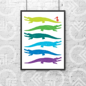 Instant Download - Printable - 8&quot;x10&quot; Art Print - Alligators and a Pelican - Nursery or Kids Room Decor - Louisiana - South