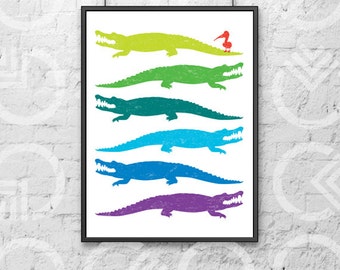 Instant Download - Printable - 8"x10" Art Print - Alligators and a Pelican - Nursery or Kids Room Decor - Louisiana - South