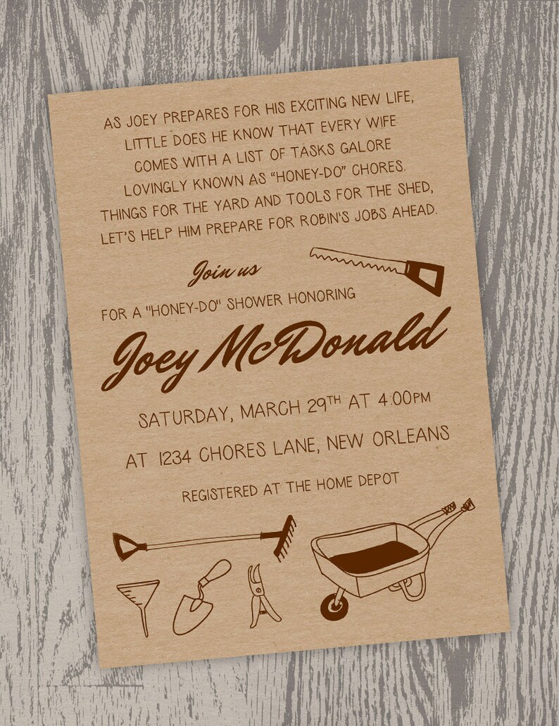 Printable Digital File Honey Do Shower Kraft Invitation Customizable