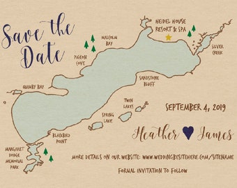 Custom Lake Wedding Save the Date - Hand Drawn - Any Lake - Kraft Paper - Rustic