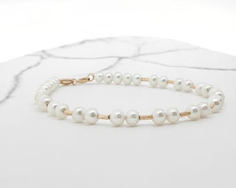 Bracelet en or véritable 18 carats avec perles d'eau douce naturelles | Perles rondes de 6,5 pouces