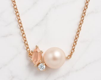 Romantic Rose Zirconia Heart Freshwater Pearl Necklace with Timeless Elegance