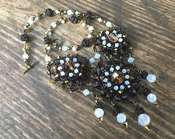 CALICO ALLEYCAT - black wire crochet statement necklace with topaz and opal Swarovski crystal