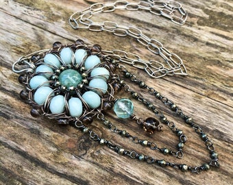 PORTAL III - gemstone necklace with aquamarine, amazonite, pyrite, and smoky quartz