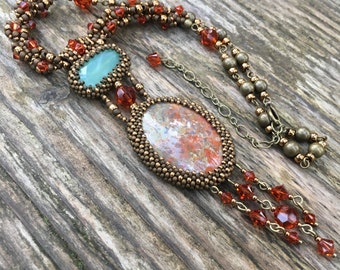 LUCKY DRAGON - statement beaded necklace with jasper gemstone, chalcedony, Swarovski crystal, and seed beads