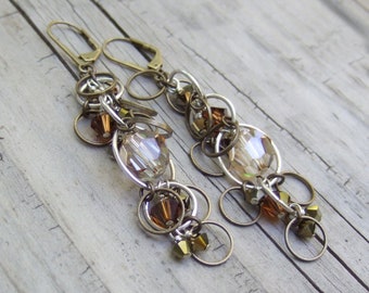 FUZZY ORBITS - mixed metal earrings with Swarovski crystal and sterling silver