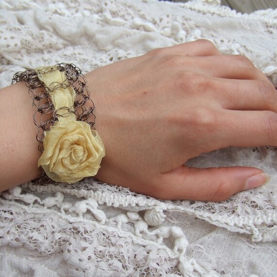 Items similar to Yellow Rose Bracelet Cuff Yellow Wire Crochet