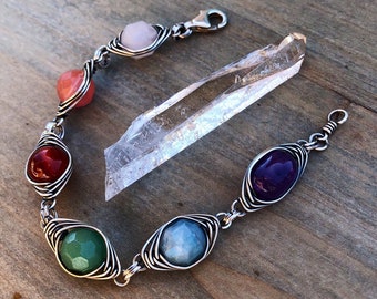 RAINBOW JOURNEY I - pulsera de piedras preciosas con amatista, morganita, aguamarina, aventurina, ágata y cuarzo cereza - relleno de plata de ley