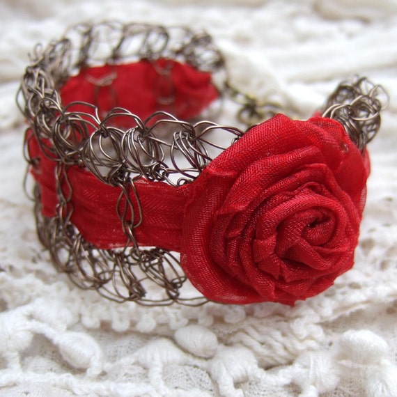 Items similar to Red Rose Bracelet Bright Red Wire Crochet Bracelet