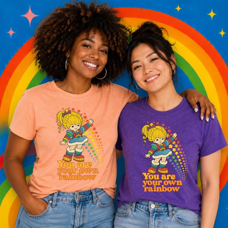 Retro Rainbow Girl Graphic Shirt | 80s Cartoon Style, Bella+Canvas Softshirt image 3