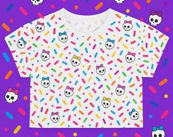 Kawaii Skull Crop Tee: Pastel Goth Y2K All-Over Print