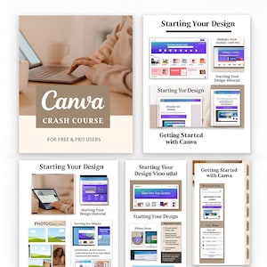 May include: A Canva Crash Course graphic with the text "Canva Crash Course For Free & Pro Users." The image includes screenshots of Canva design tutorials and a person using a laptop.