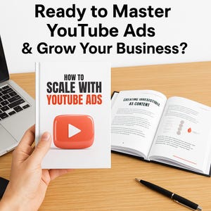 Puede incluir: Un libro titulado "How to Scale with YouTube Ads" con un botón de reproducción de YouTube rojo en la portada. Un libro abierto y un bolígrafo están sobre una superficie de madera. El texto "Ready to Master YouTube Ads & Grow Your Business?" está en la parte superior.