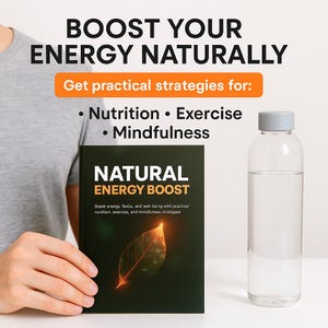 May include: A book titled "Natural Energy Boost" with a green leaf design on the cover. The book is being held by a person's hand. The book cover text reads "Boost energy, toxins, and well-being with practical nutrition, exercises, and mindfulness strategies."