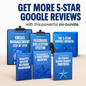Puede incluir: Imagen promocional de un conjunto de seis productos con el texto "GET MORE 5-STAR GOOGLE REVIEWS". El conjunto incluye listas de verificación, guías y una caja titulada "THE 5-STAR GOOGLE GROWTH". La combinación de colores es azul y blanco.