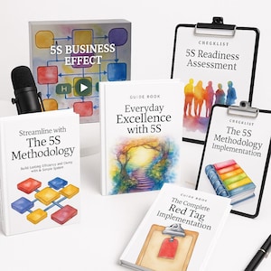 Könnte beinhalten: Eine Auswahl an Büchern und Checklisten zur 5S-Methodik. Die Bücher tragen Titel wie "Everyday Excellence with 5S" und "The 5S Methodology". Checklisten umfassen "5S Readiness Assessment" und "The 5S Methodology Implementation".