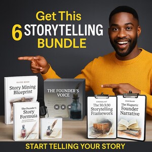 Könnte beinhalten: Ein Storytelling-Bundle mit sechs Elementen, darunter Bücher und Checklisten. Der Text lautet "Get This 6 Storytelling Bundle" und "Start Telling Your Story". Eine Person in einem orangefarbenen Pullover zeigt auf die Artikel.