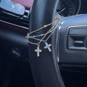 Bling Crystal Cross Steering Wheel Pendant Chain - Christian Catholic Religious Car - Gold or Silver Finish for Baptism Christmas Easter