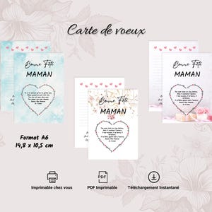 Cartes de vœux Bonne Fête Maman – Lot de 3 modèles PDF à imprimer – Format A6 – Fichier numérique instantané – Cadeau Fête des Mères