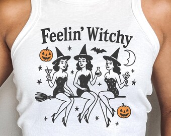 Feelin' Witchy Cropped Tank Top: Vintage Halloween, Spooky Retro Witch Vibes Tee