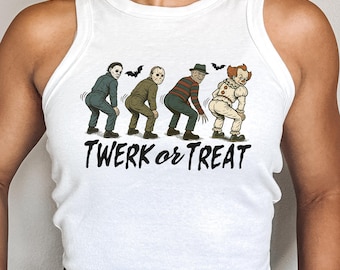 Camiseta corta "Twerk or Treat": Personajes de terror retro de Halloween, temporada espeluznante vintage