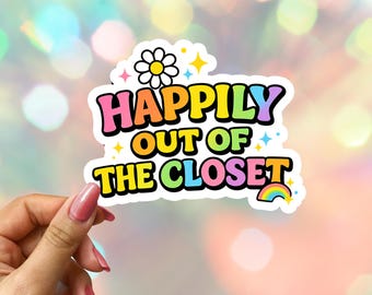 Happily Out of the Closet Pride Sticker: Retro & Uplifting LGBTQ Ally Laptop Decal