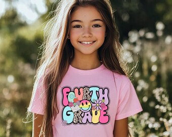 Camiseta retro de 4.º grado para el primer día de clases: Flores hippies geniales para el regreso a clases