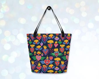 Mexican Sacred Hearts All-Over Print Large Tote Bag with Pocket: Colorful Hispanic Corazon Sagrado