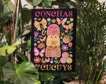 Conchas and Cucuys Halloween Garden Flag: Funny Spanish Pantasmas Double-Sided Yard Banner
