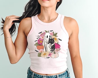 Retro Halloween Cropped Tank Top: Floral Black Cat & Ghost, Spooky Season Tee