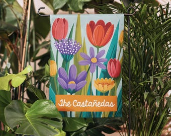 Personalized Spring & Summer Floral Garden Flag: Custom Family Name Outdoor Porch Decor, Double-Sided Yard Banner