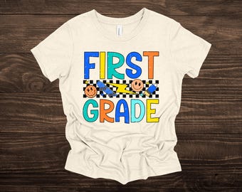 Retro 1st Grade First Day of School T-Shirt: Checkered Boys Back to School Tee