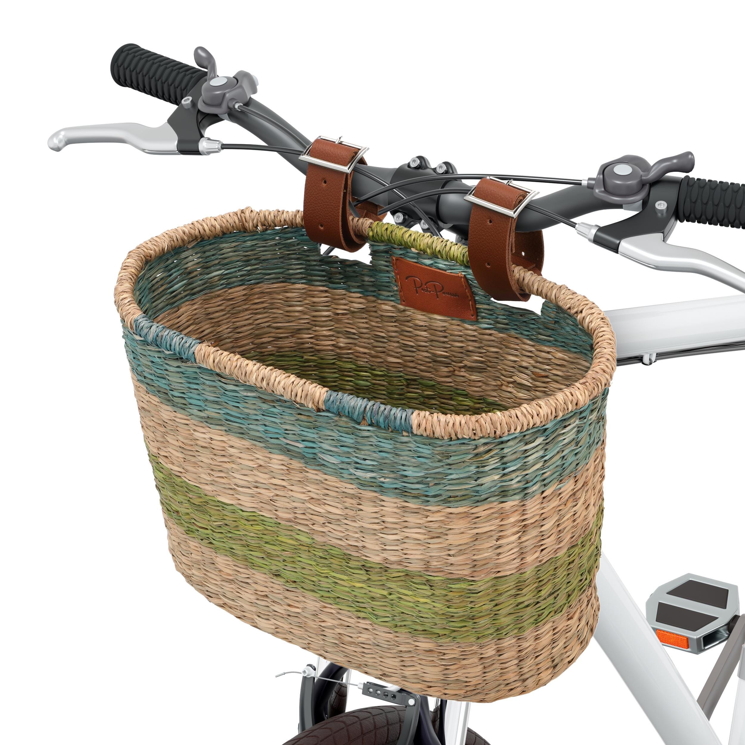 Seagrass Handmade Woven Cruiser Adult Girls Bicycle Basket, Front Bike Basket, Beach Bike Basket - Blue/Green