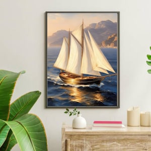 Nautical Poster, Coastal Wall Art, Matte Vertical Sailing Ship Print, Italian Ocean Painting, Vintage Decor, Large Artwork, Sailboat